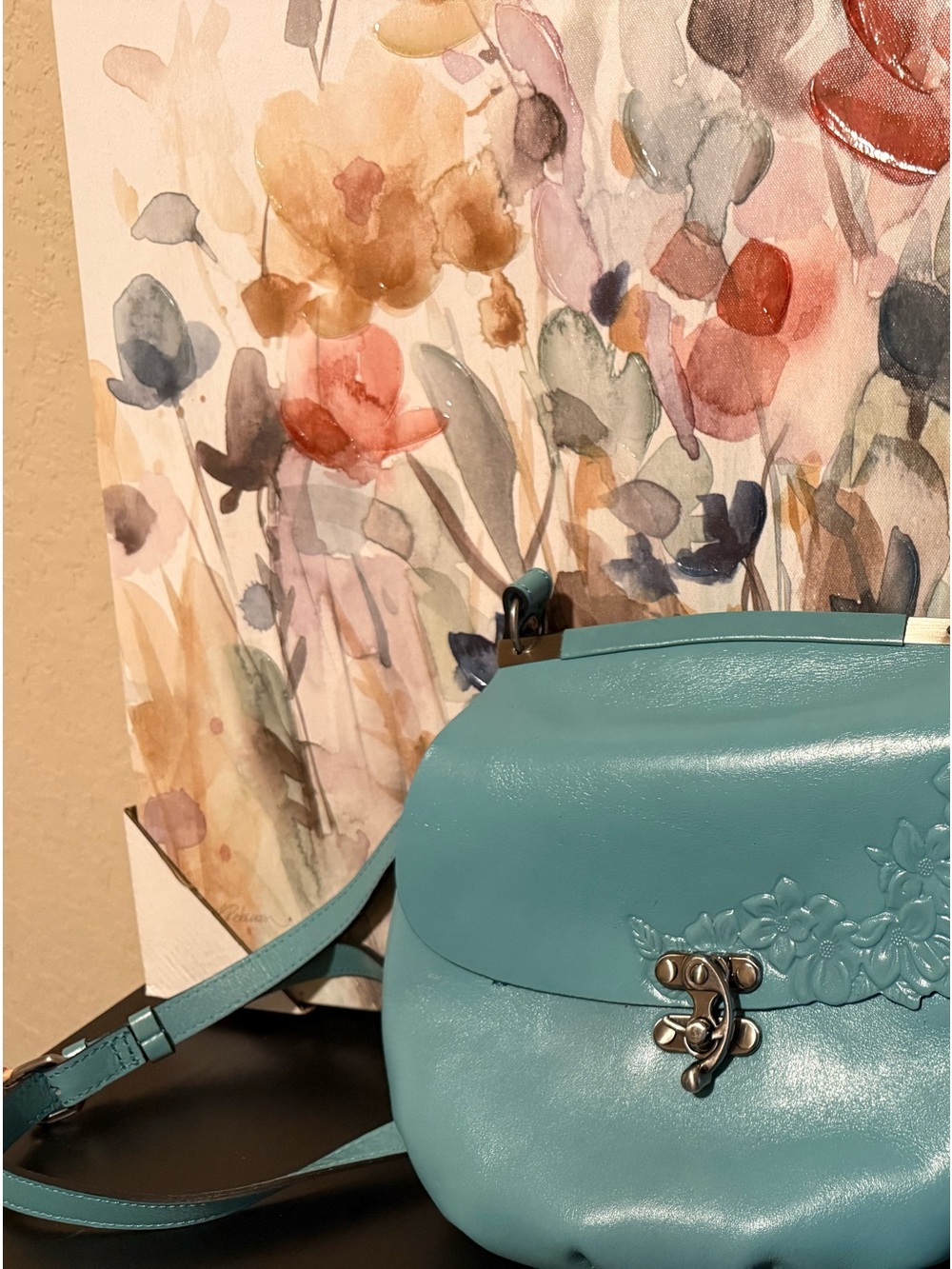 New Patricia Nash Teal Floral Embossed Leather Crossbody Bag with Dust Bag
